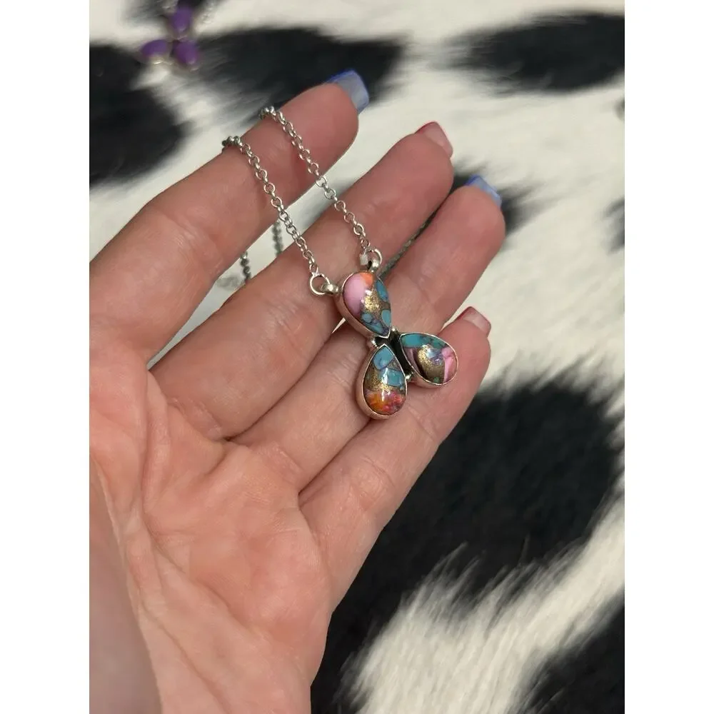 Southwest Sterling Silver 3 Stone Pink oyster Dahlia tear drop Bar Necklace
